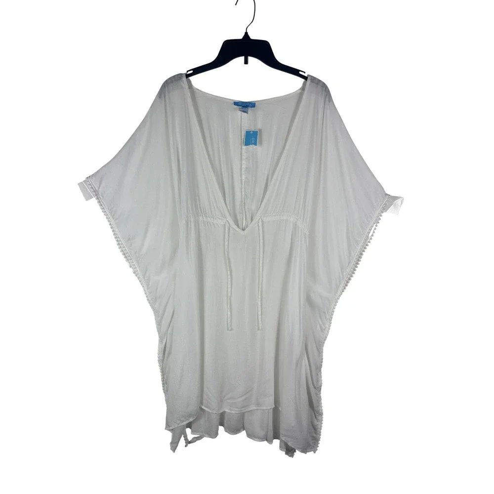 Draper James RSVP White Kaftan Swim Cover Up Pom Trim Size Medium Batwing NEW